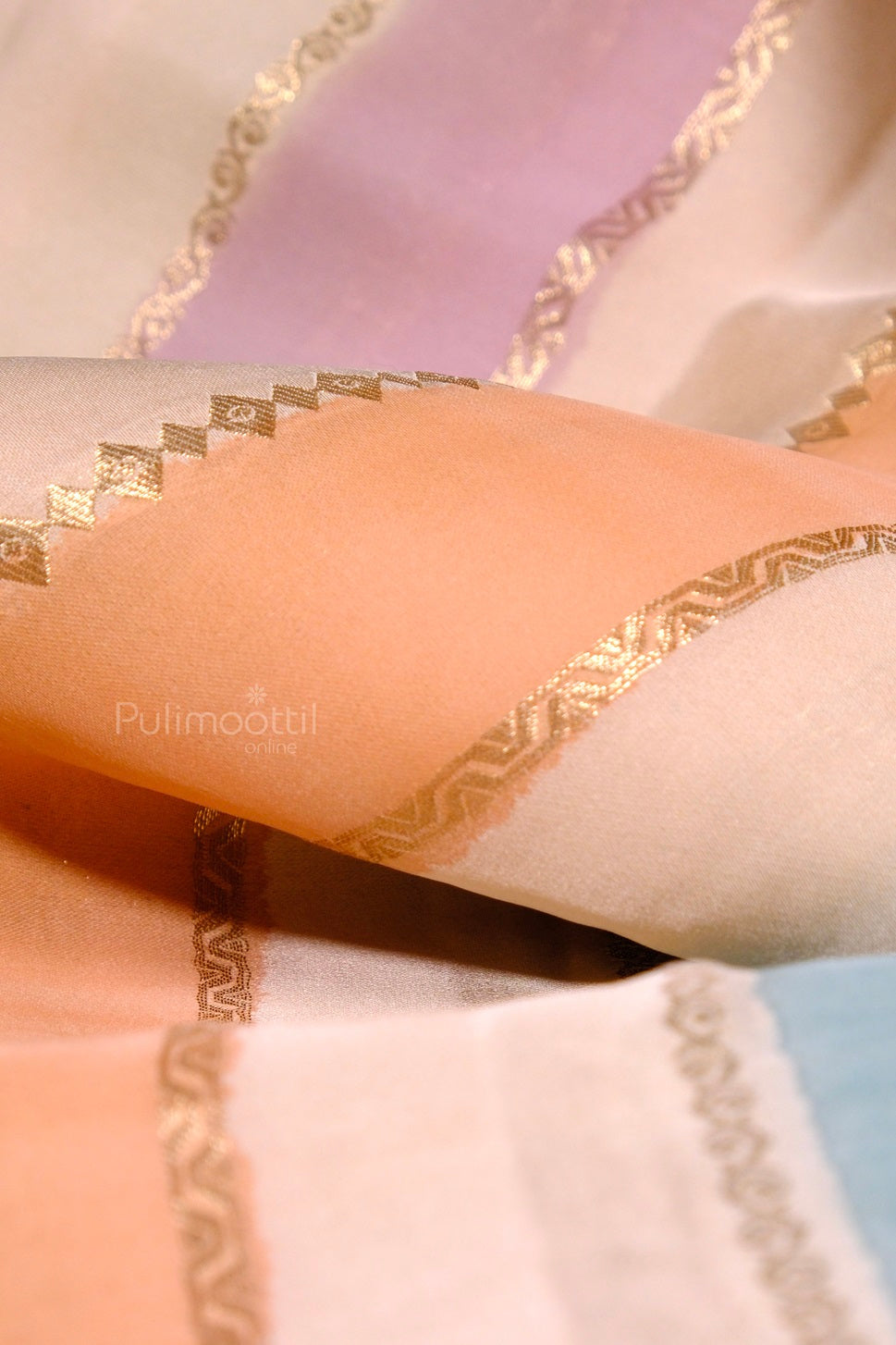 Close-up of multicolour golden zari stripes on pure organza Banarasi saree showcasing soft sheer texture and fine weave.
