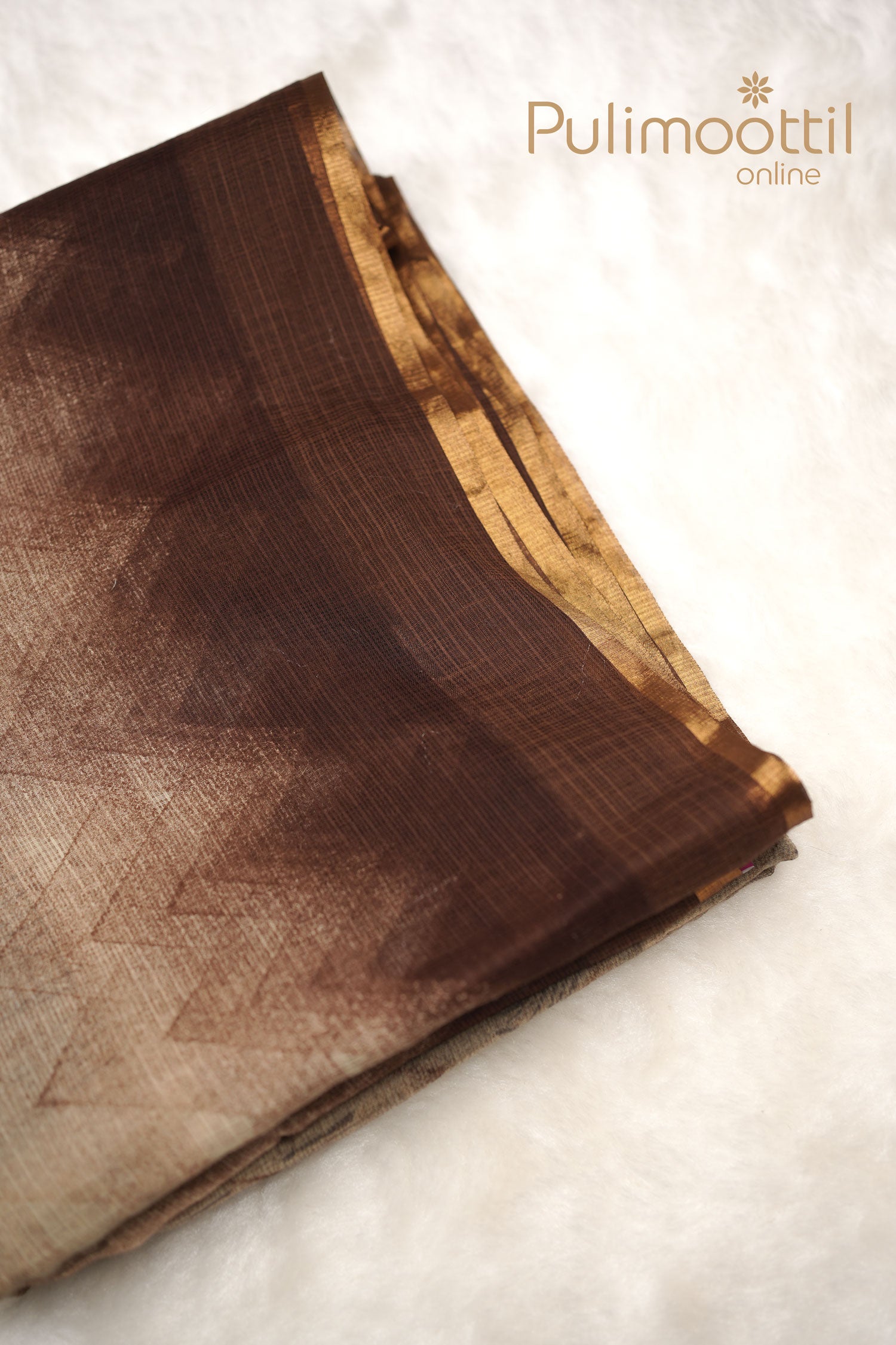 Folding view of the multi-shaded soft net-cotton saree showing geometric pattern design with a golden thin border.