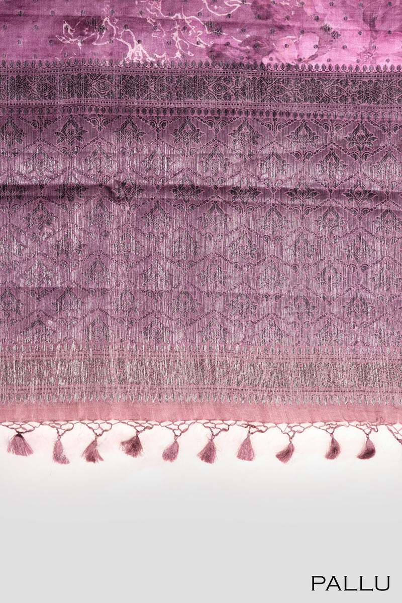 Wine color printed Tusser silk saree .