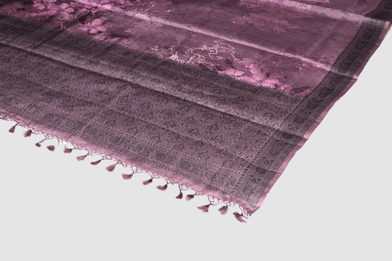 Wine color printed Tusser silk saree .