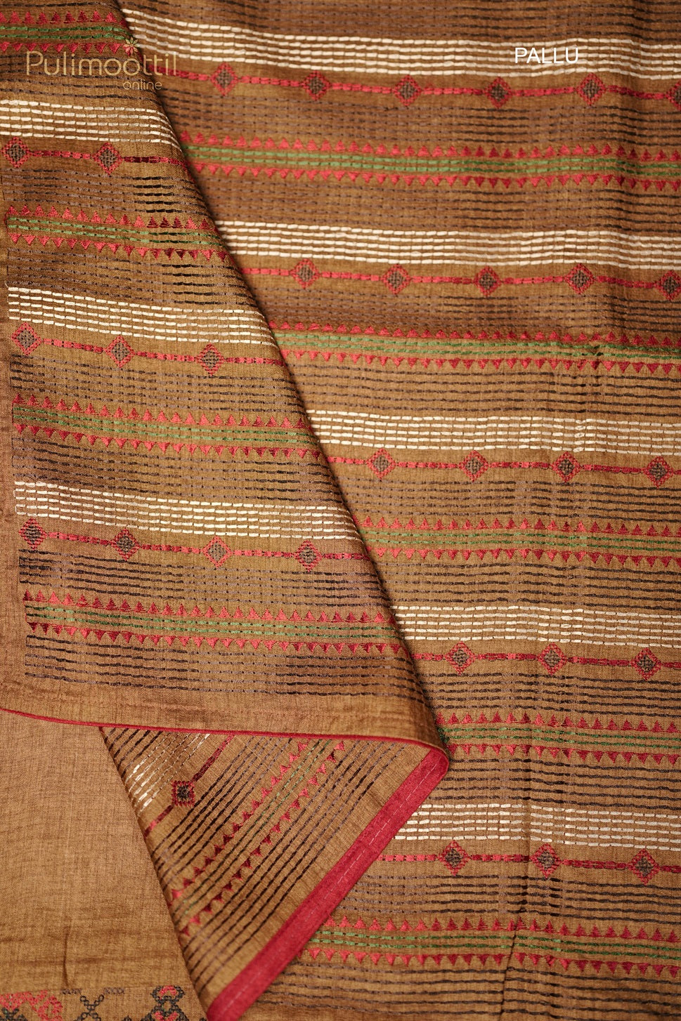 Chickoo Colour Semi Tussar Kantha Work Embroidery Saree