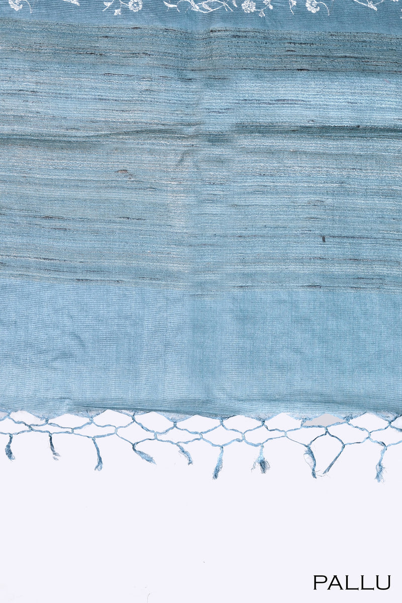 Teal blue color Tusser silk saree.