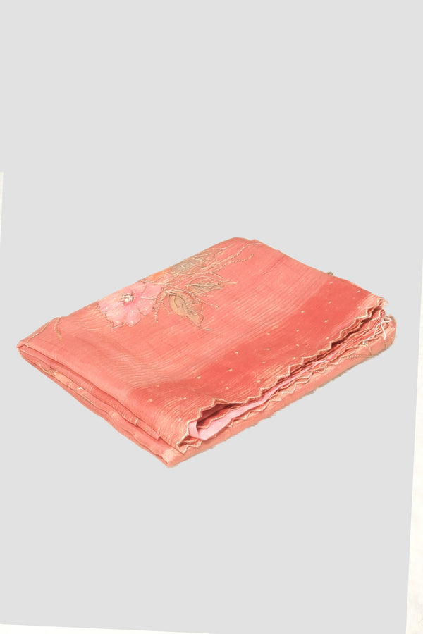 Peach pink color tissue crush organza saree
