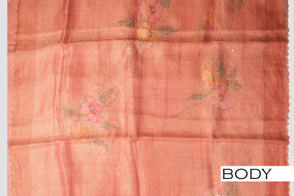 Peach pink color tissue crush organza saree