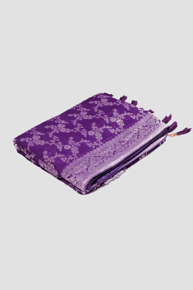 Violet color georgette Banarasi saree.