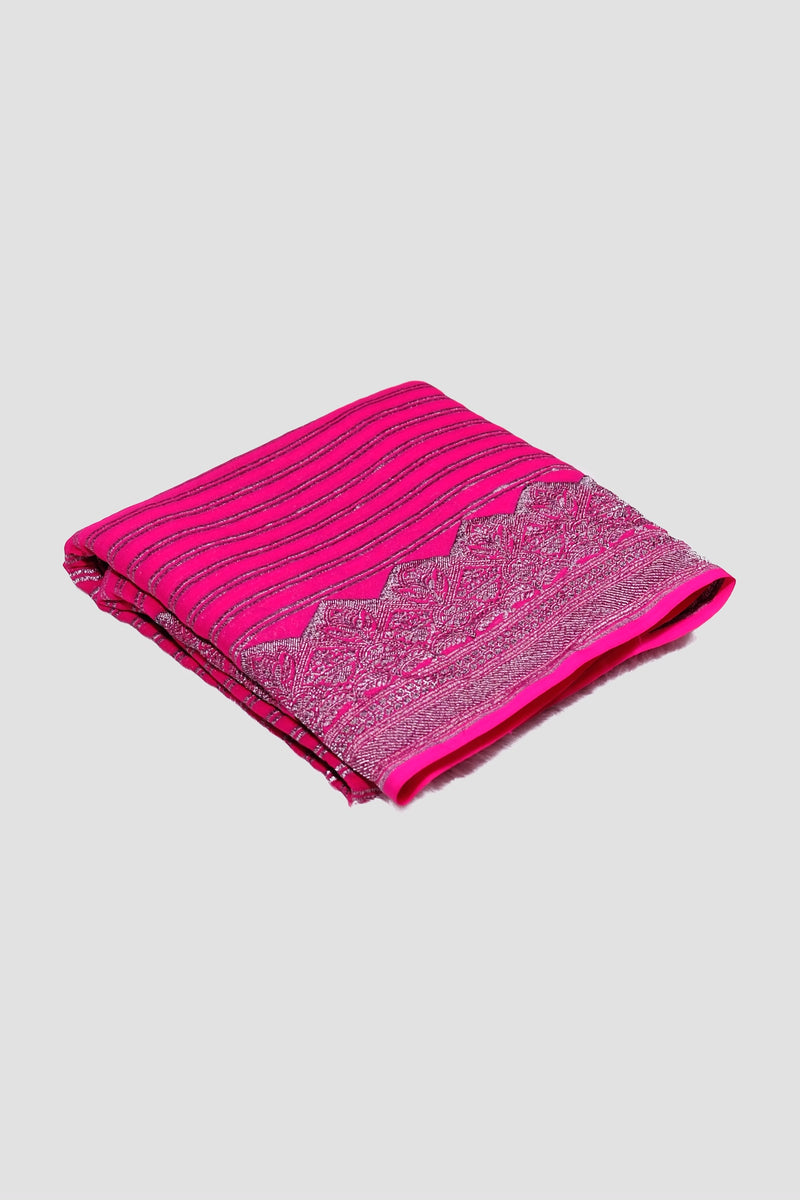 Rani pink color Banarasi saree.