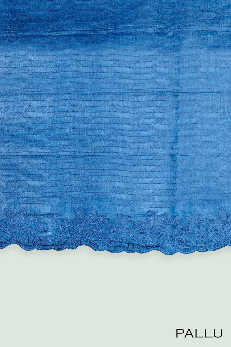 Peacock blue color pure Tusser silk saree.