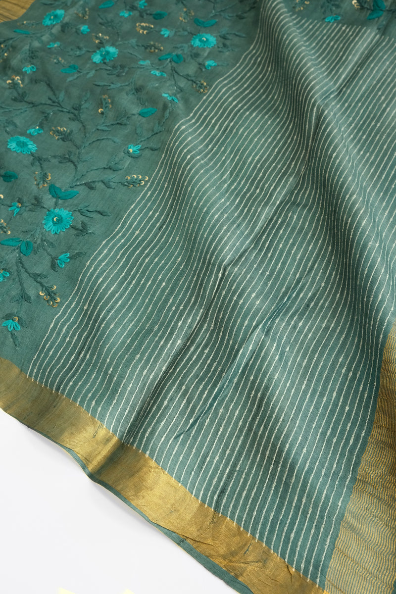 Peacock Blue Color Tussar Silk Saree