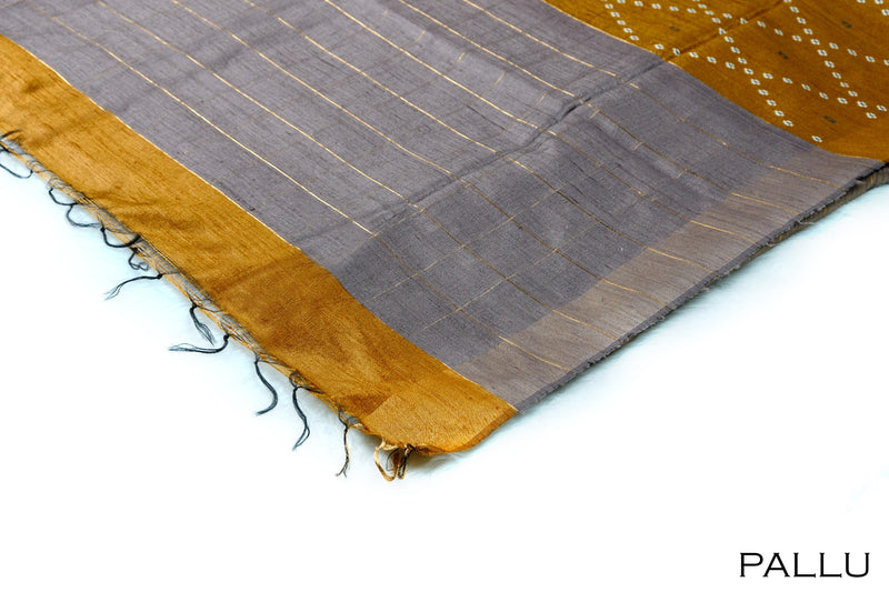 Mustard yellow color jute silk saree.