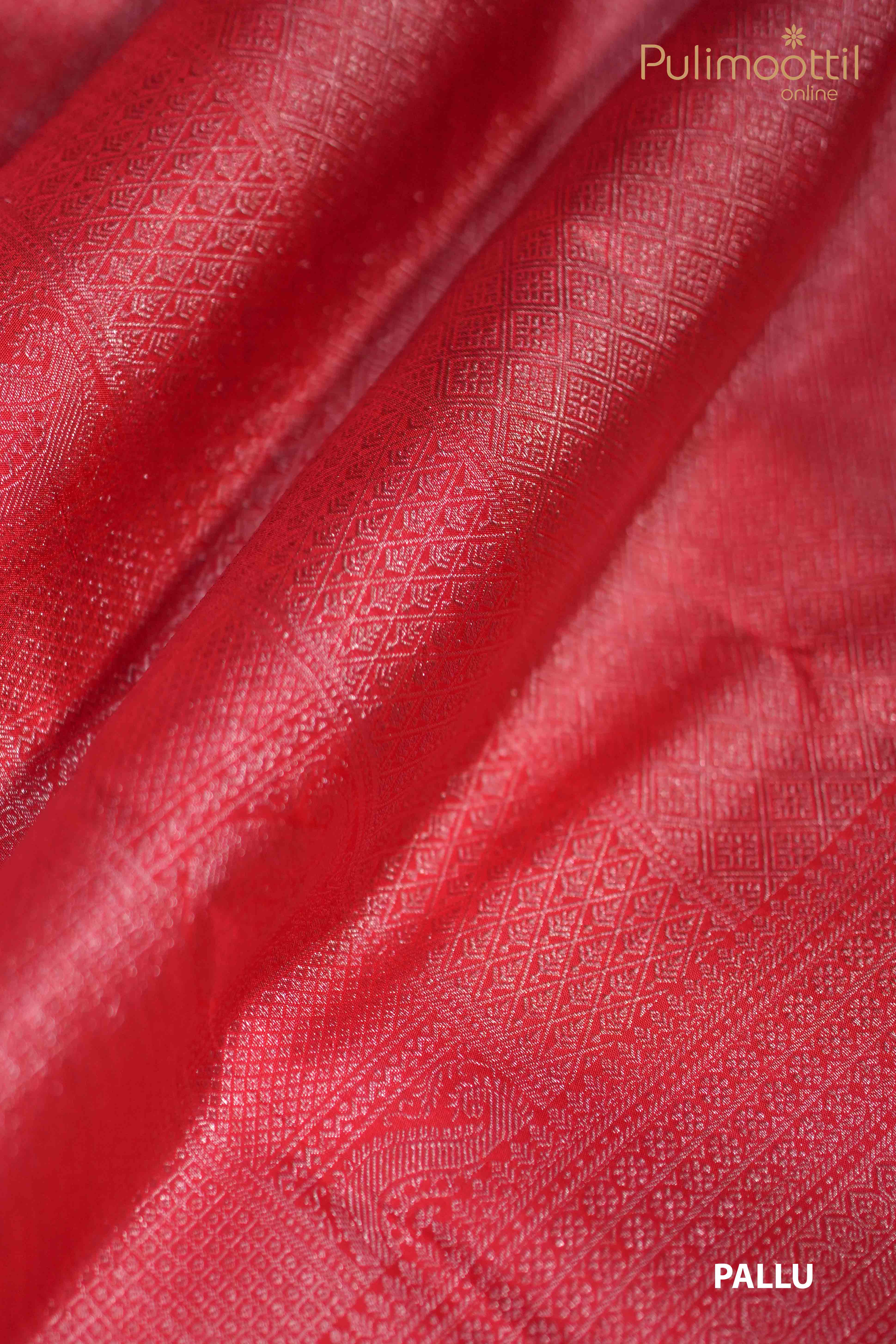 Close-up of Red Pure Kanchipuram saree pallu featuring intricate silver zari square brocade design, highlighting the rich texture and detail.