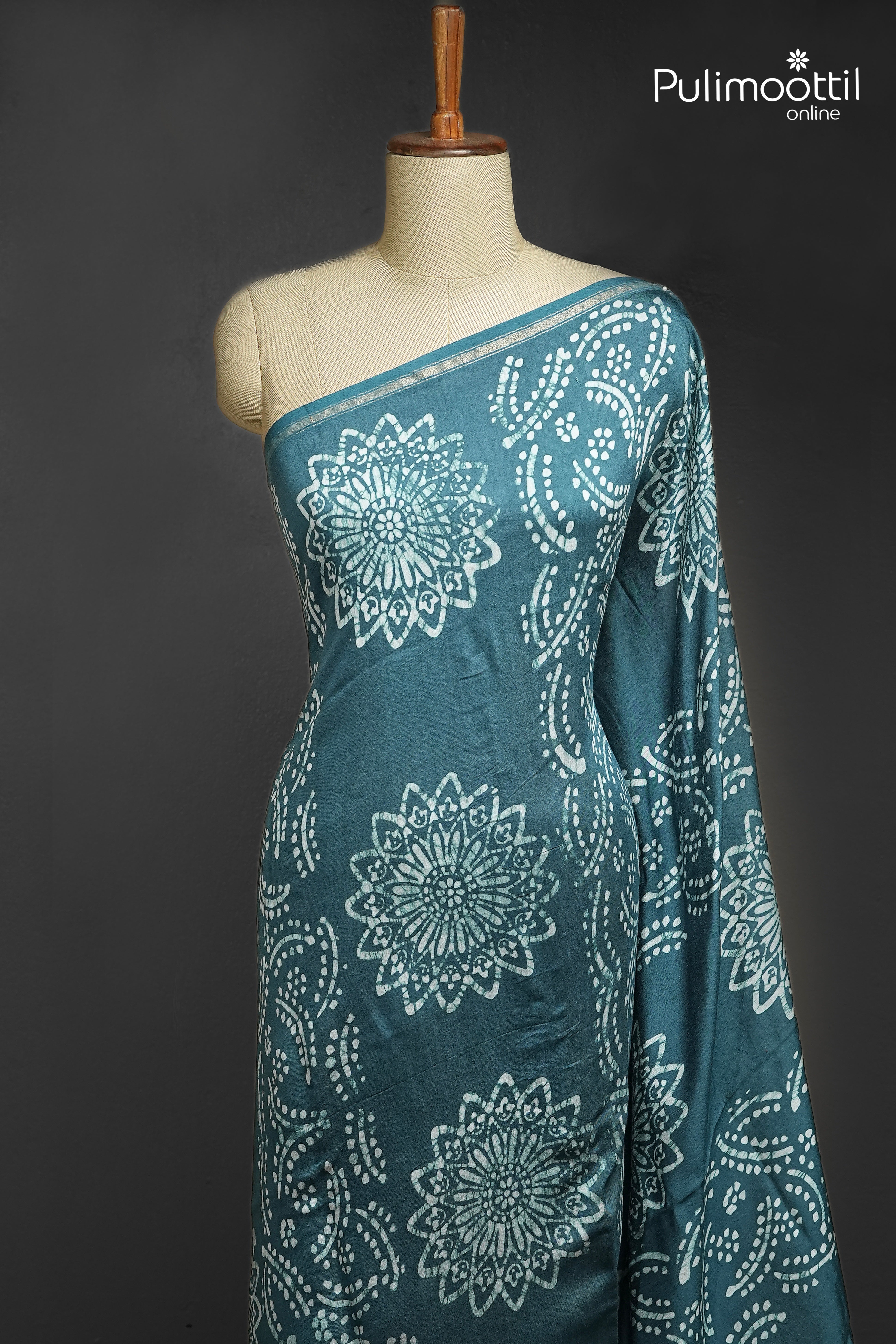 Dark Steel Blue Colour Batik Design Chanderi Saree