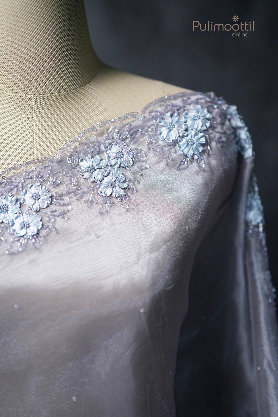 Soft smoke colour silver tissue organza fancy saree