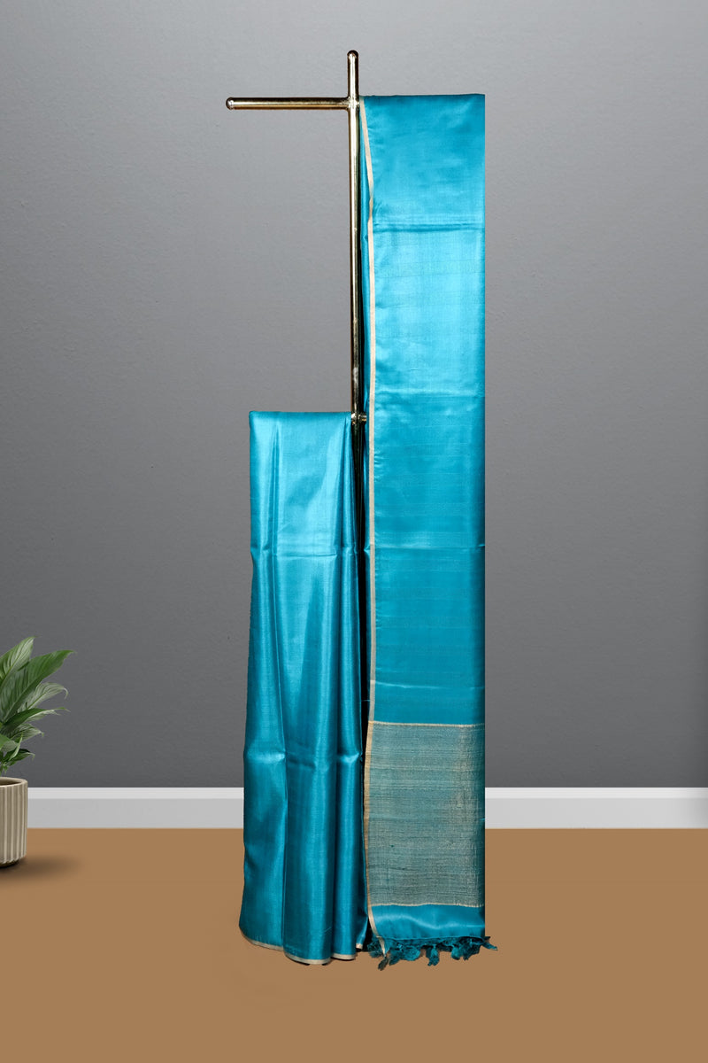 Teal blue color pure Tusser silk saree .