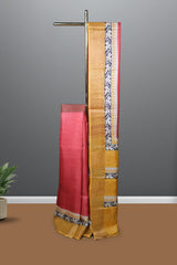 Crimson Red color pure Tusser silk saree.