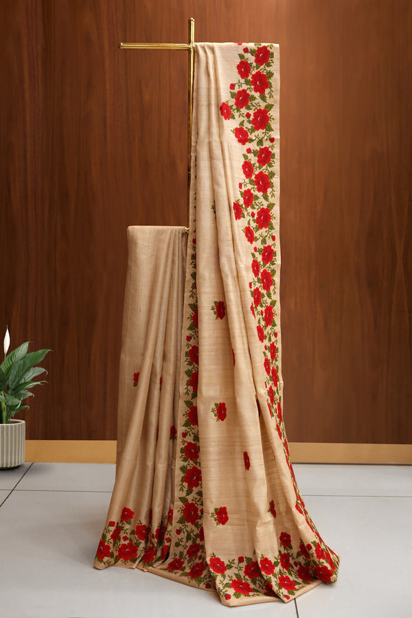 Ivory Color Tussar Silk Saree