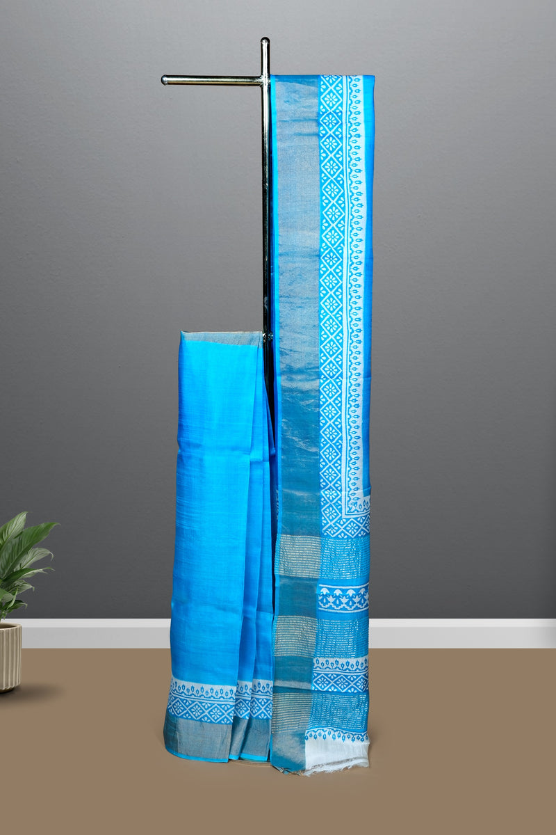 Sky blue color pure Tusser silk saree.