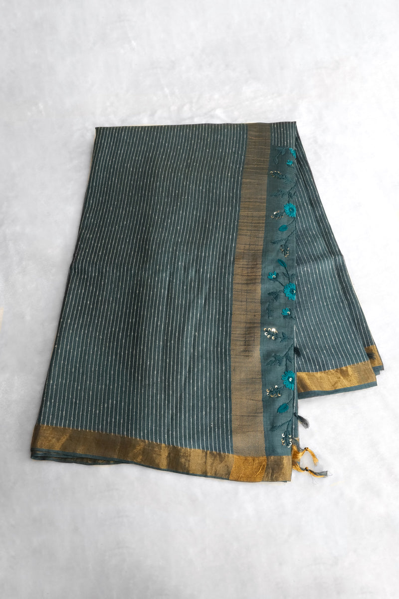 Peacock Blue Color Tussar Silk Saree