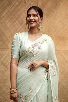Mint Green Colour Net Cotta Designer Saree