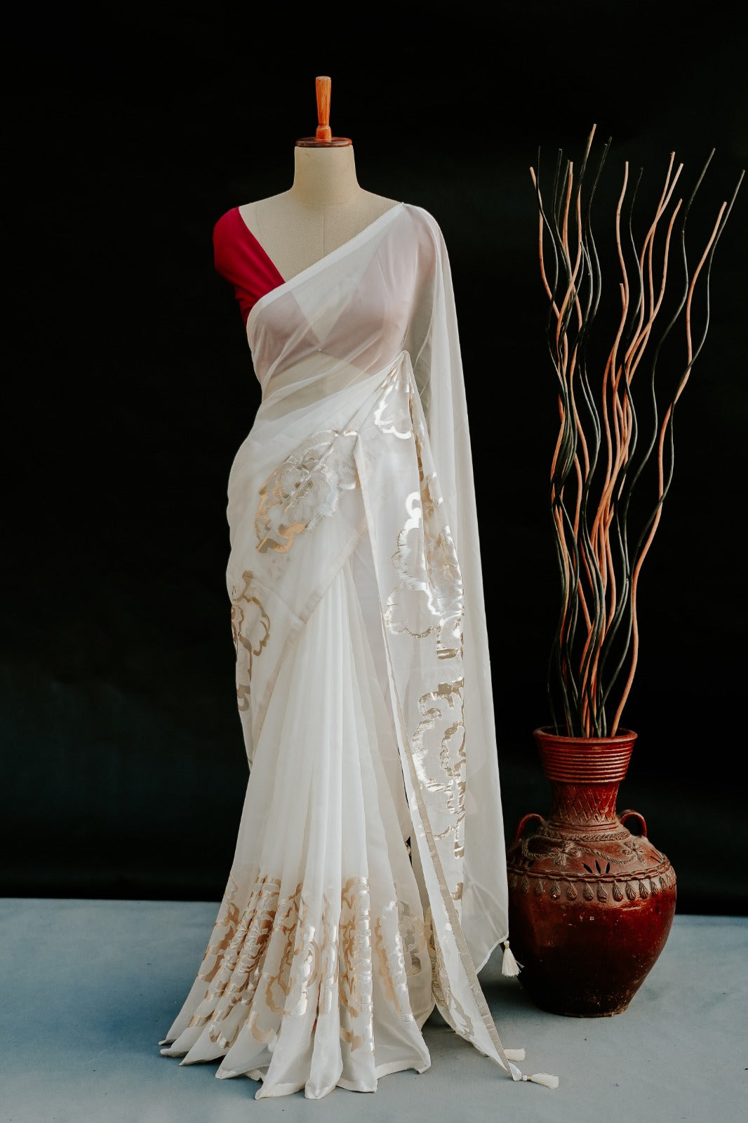 Cream Soft Organza Fancy Saree.
