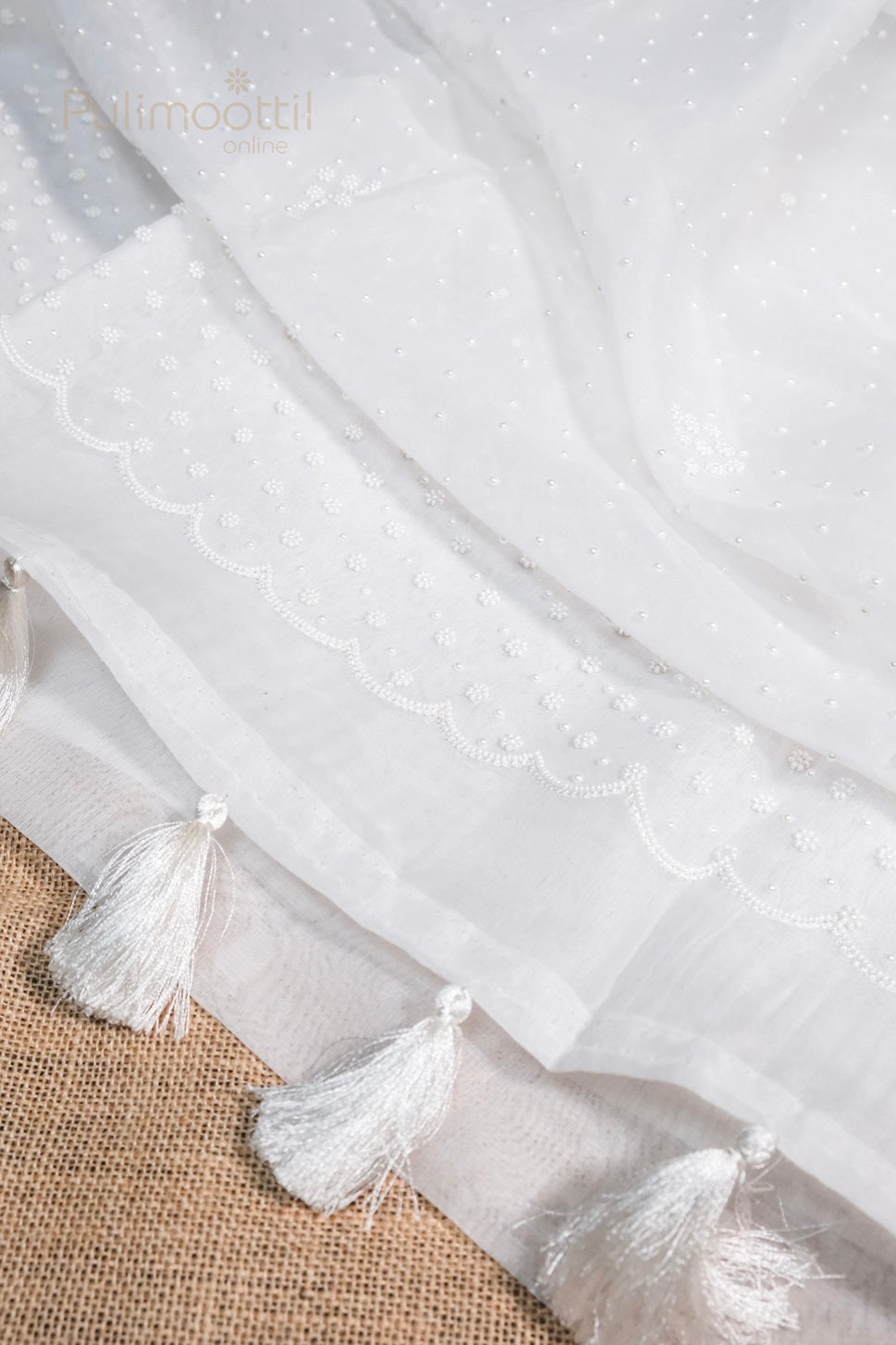 White net saree with layered frill detailing and tassel accents at the edge