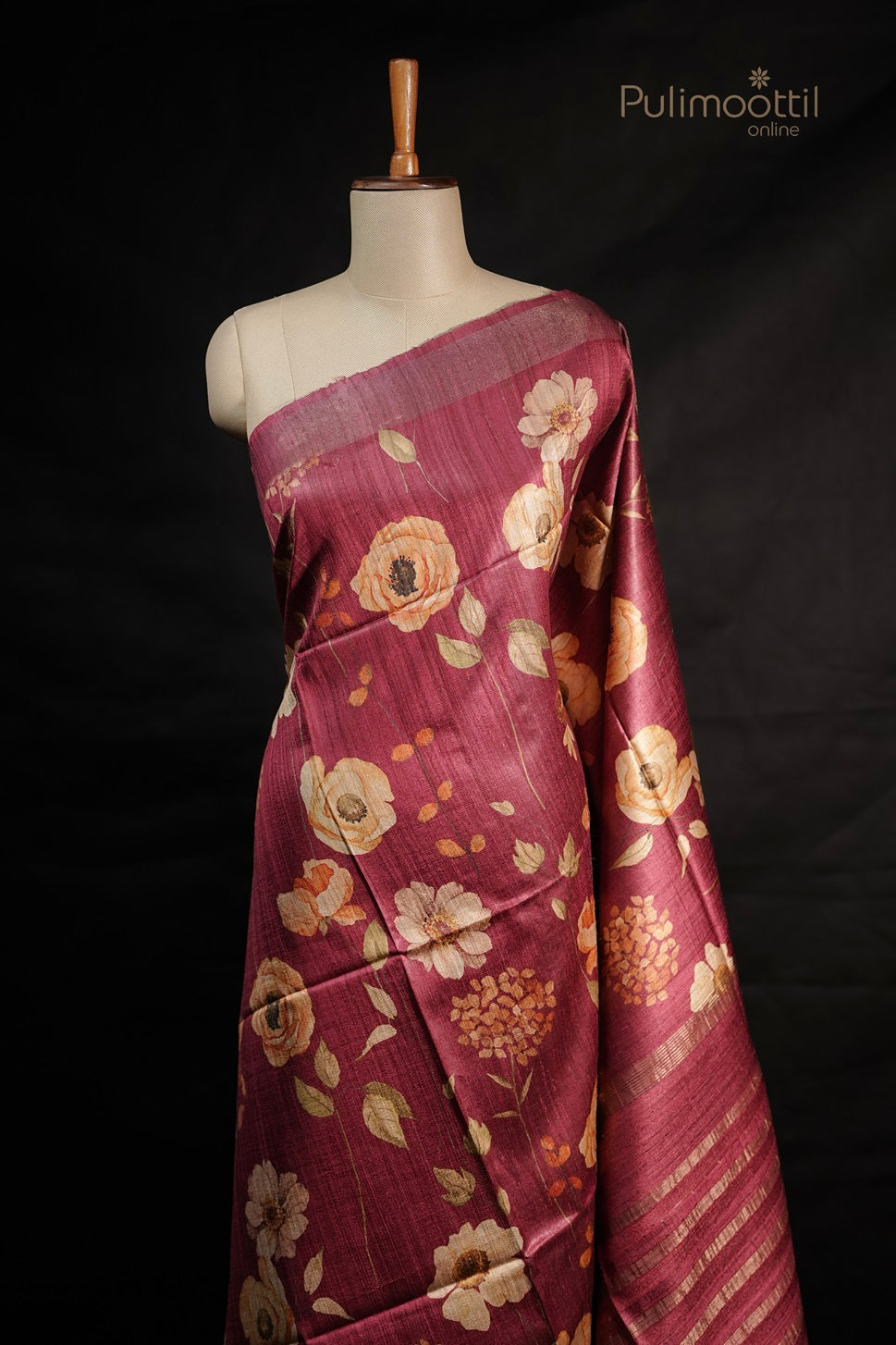 Maroon Colour Printed Tussar Silk Saree.