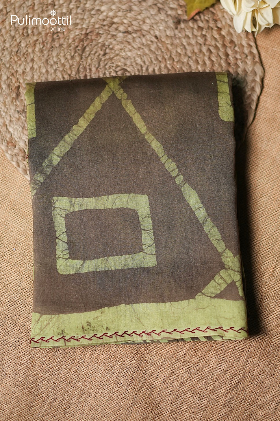 Dark chikku color hand embroidery Chanderi batik printed saree