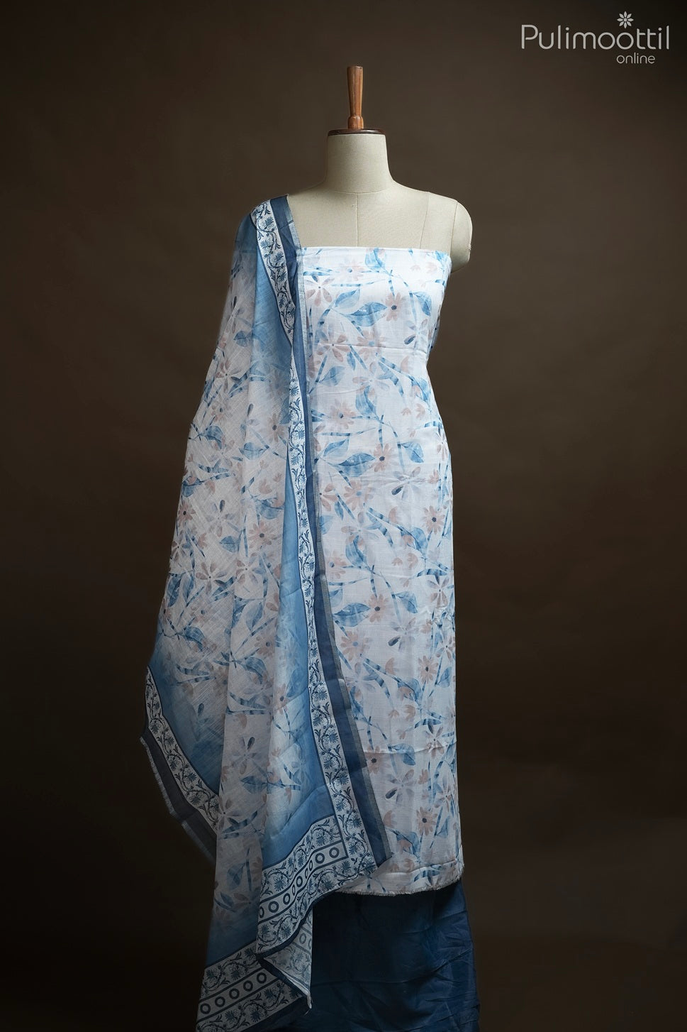 WHITE SEMI LINEN UNSTITCHED SALWAR SET