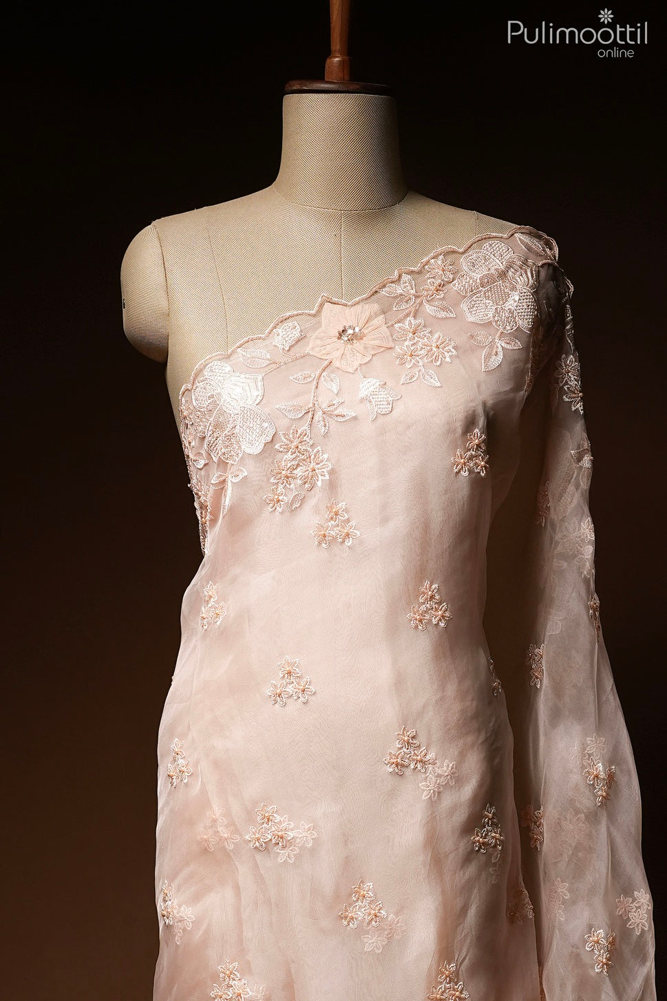 Light peach color glass organza saree