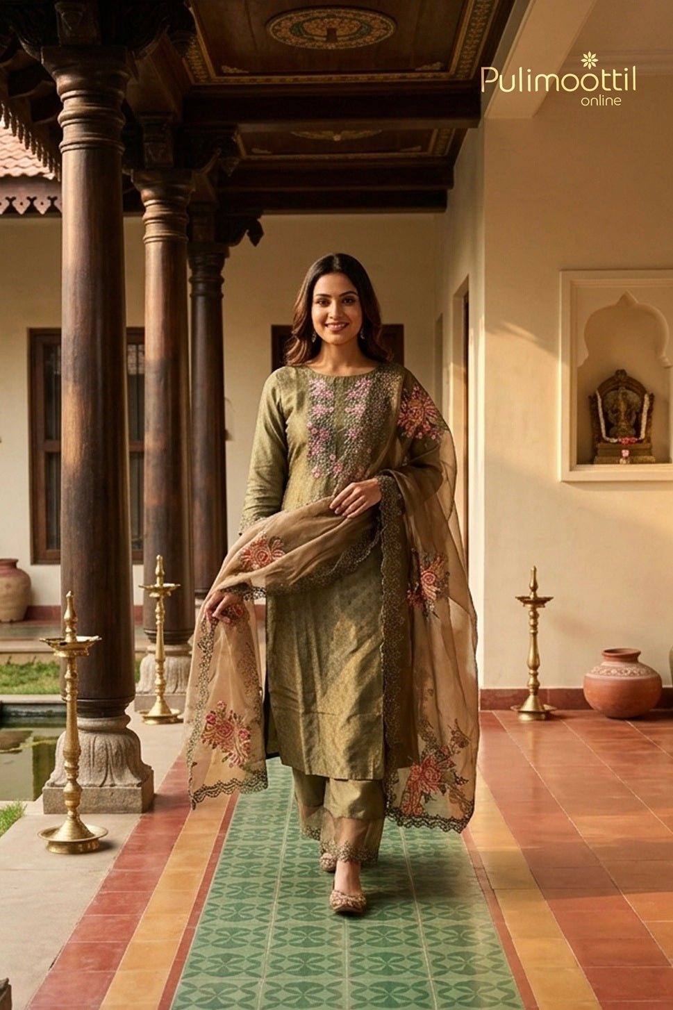 Olive Green Chanderi Unstitched Salwar Set