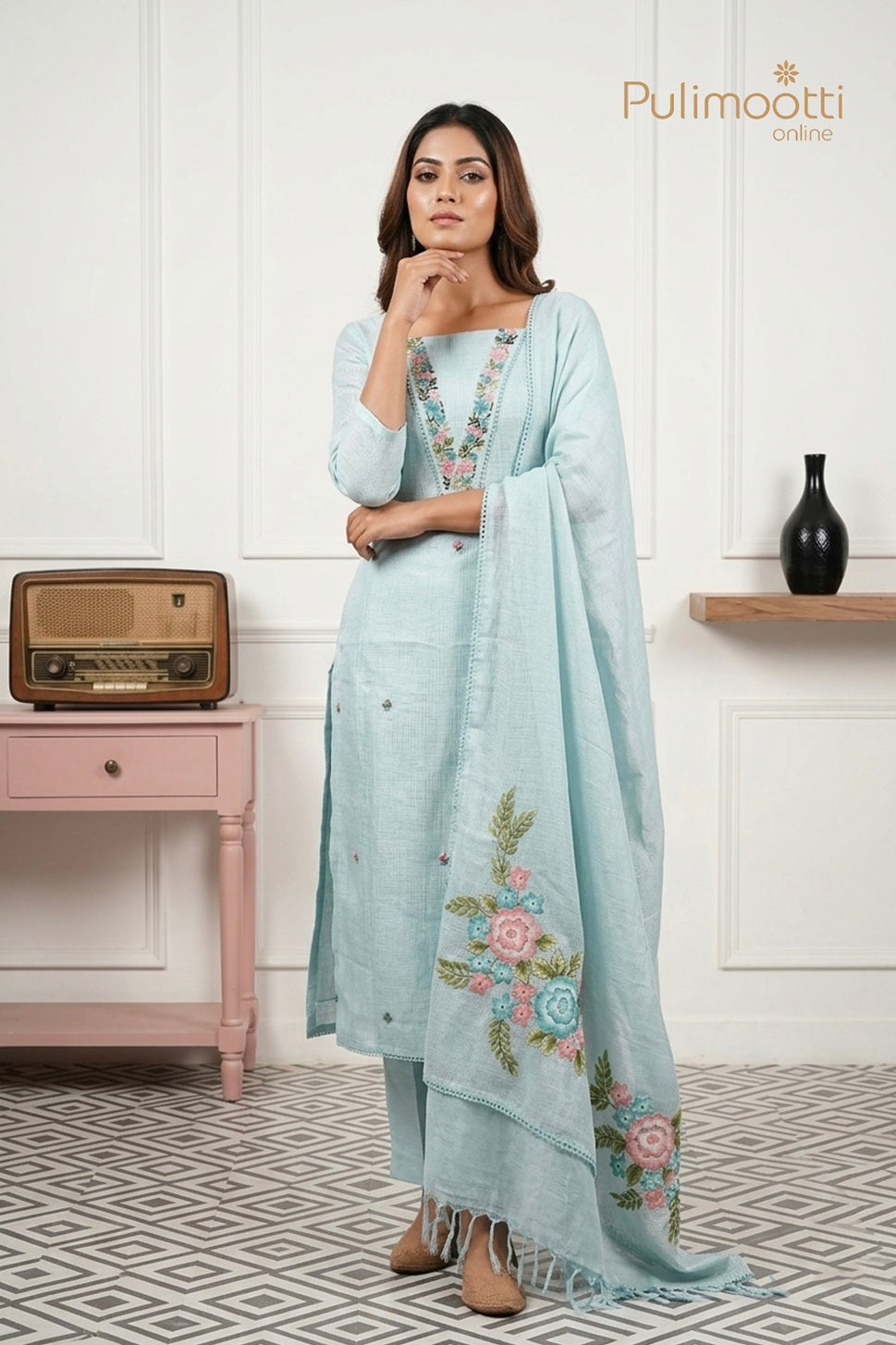 Ice Blue Net Kota Unstitched Salwar Set