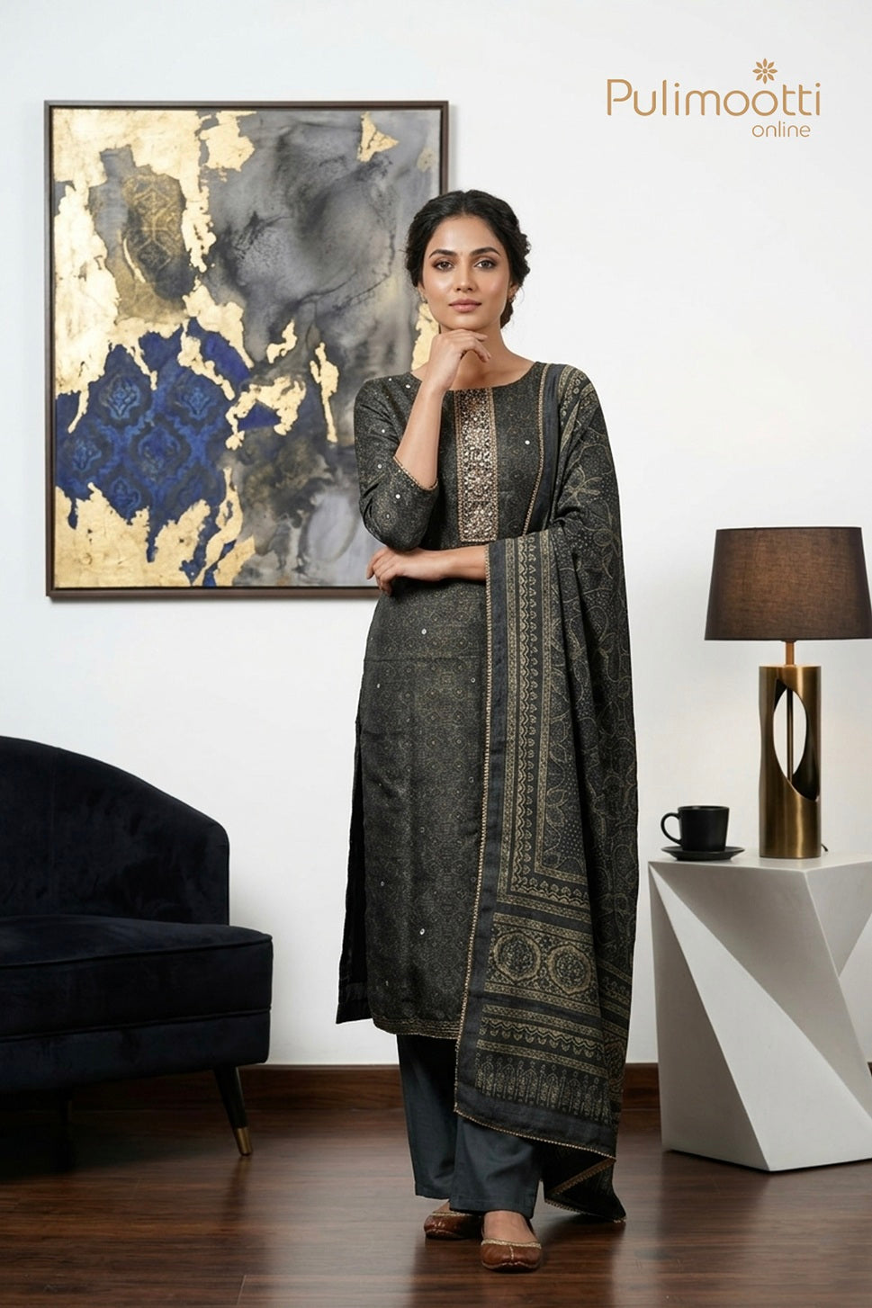 Dark Green Semi Tussar Unstitched Salwar Set