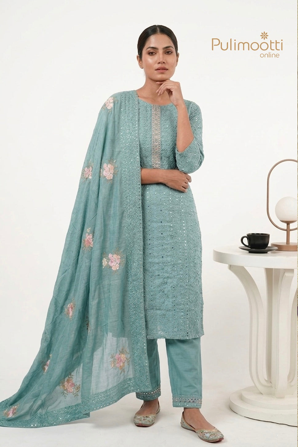 Light Peacock Green Semi Chanderi Unstitched Salwar Set