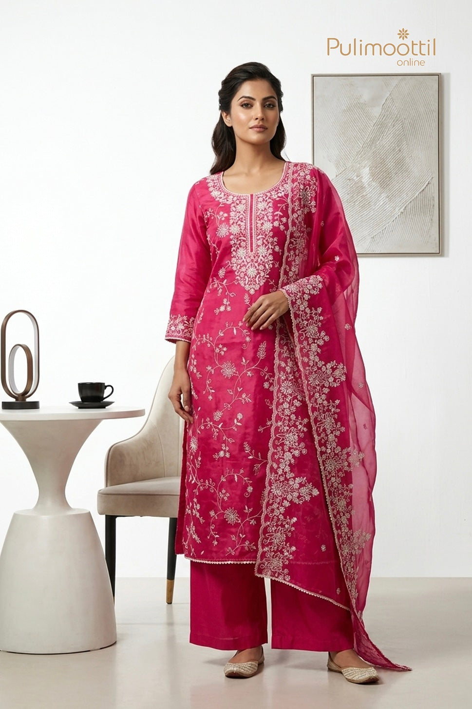 Rani Pink Organza Unstitched Salwar Set
