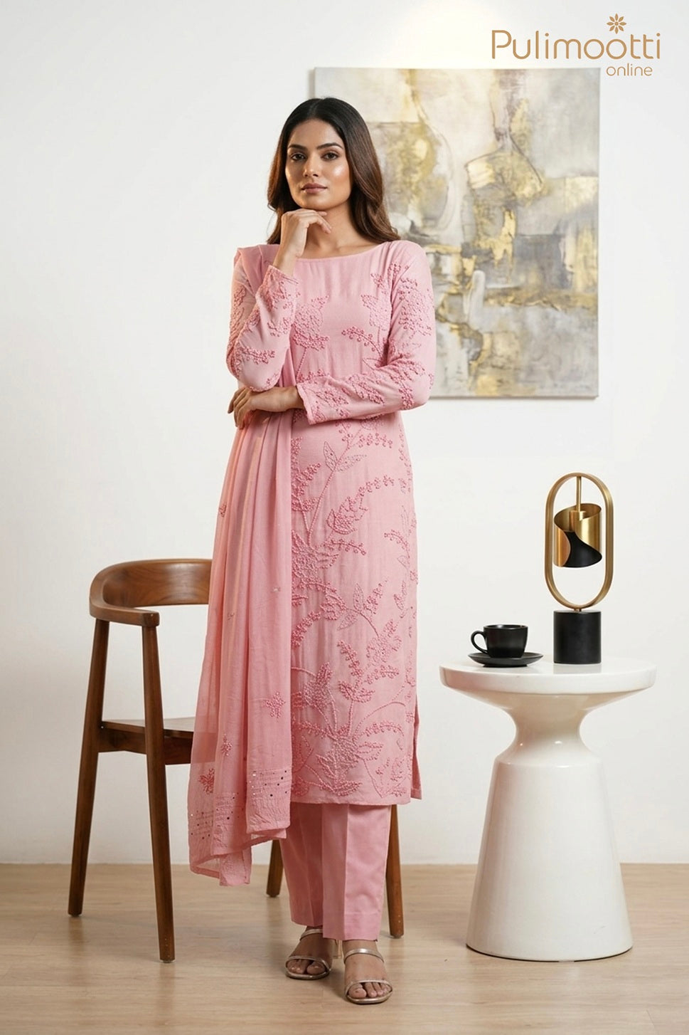 Baby Pink Chanderi Unstitched Salwar Set