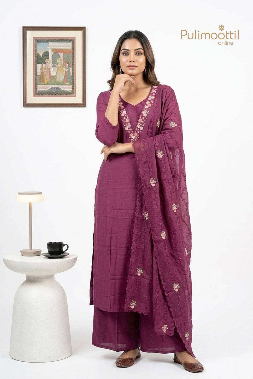 Maroon Blended Chanderi Unstitched Salwar Set