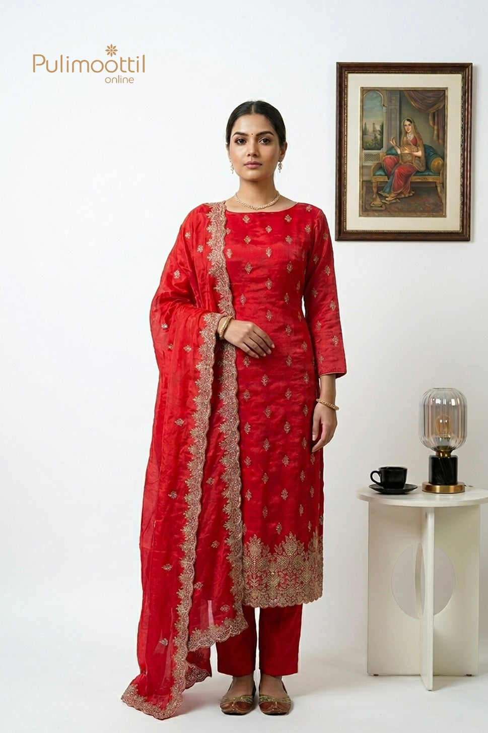 Chilli Red Velvet Organza Unstitched Salwar Set