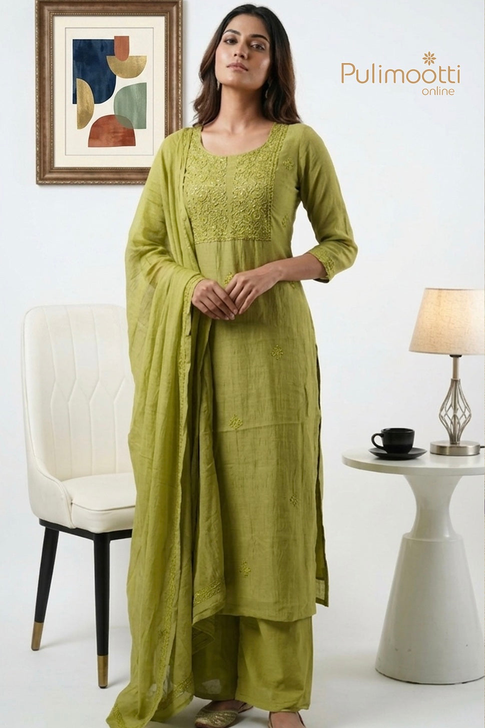 Light Olive Green Chanderi Unstitched Salwar Set