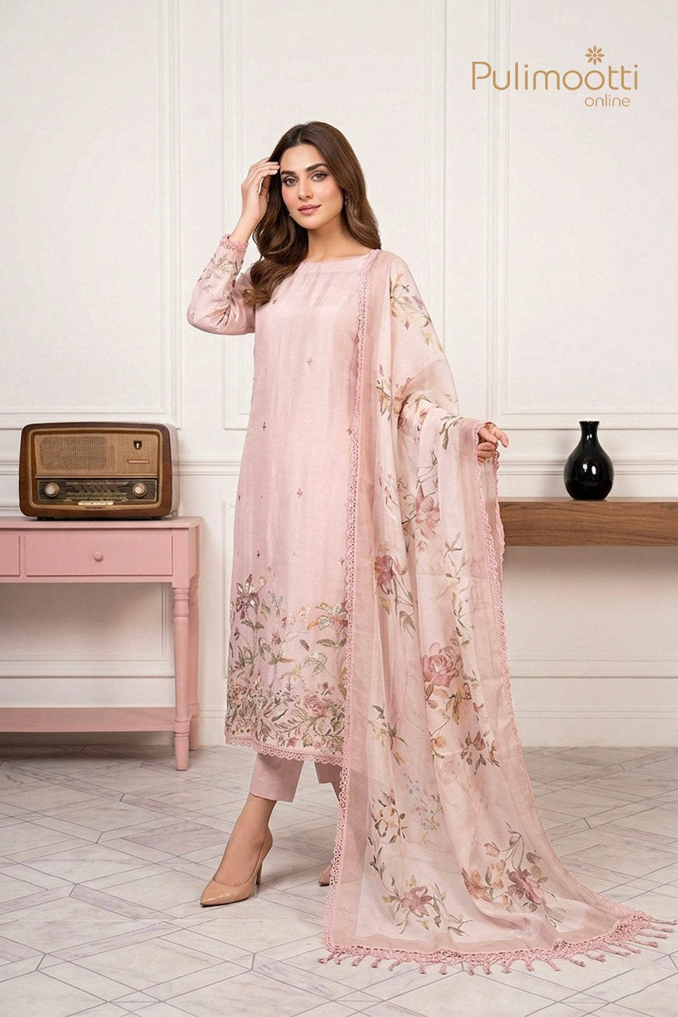 Blush Pink Organza Unstitched Salwar Se