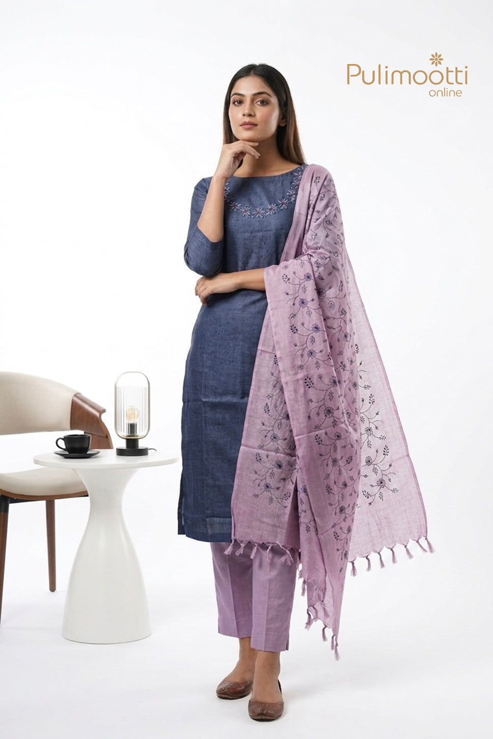 Dark Blue Tussar Unstitched Salwar Set
