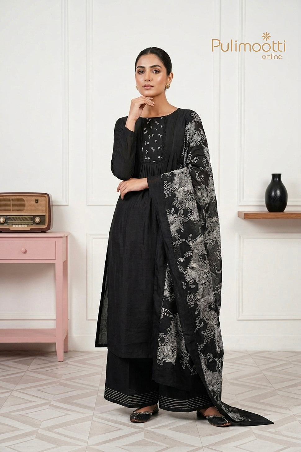 Black Chanderi Unstitched Salwar Set