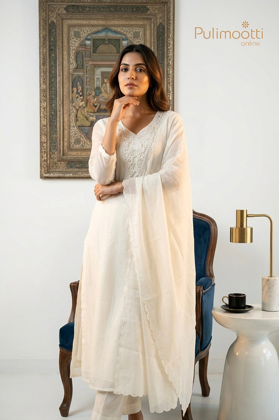White Blended Chanderi Unstitched Salwar Set