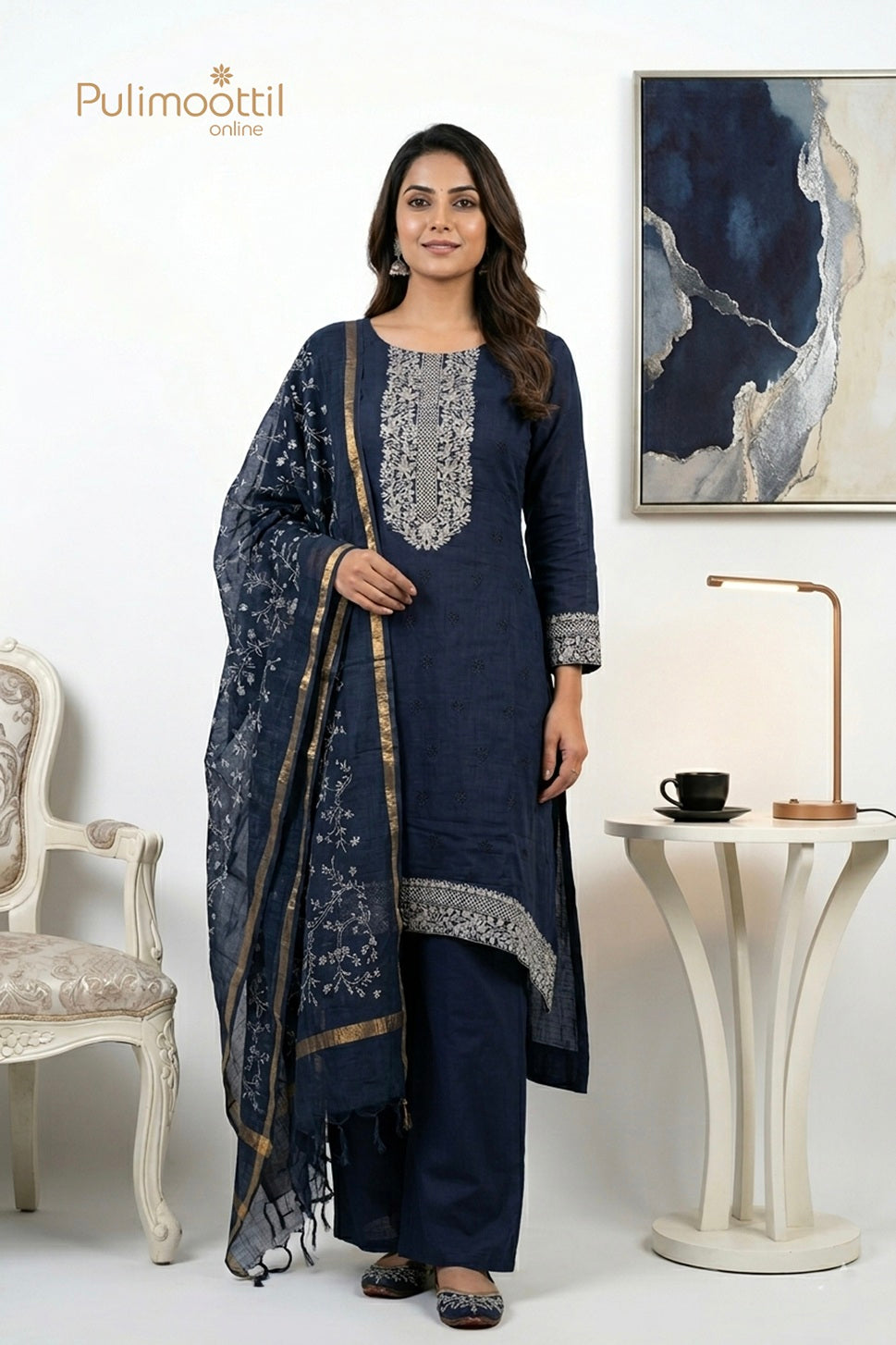 Dark Blue Linen Unstitched Salwar Set