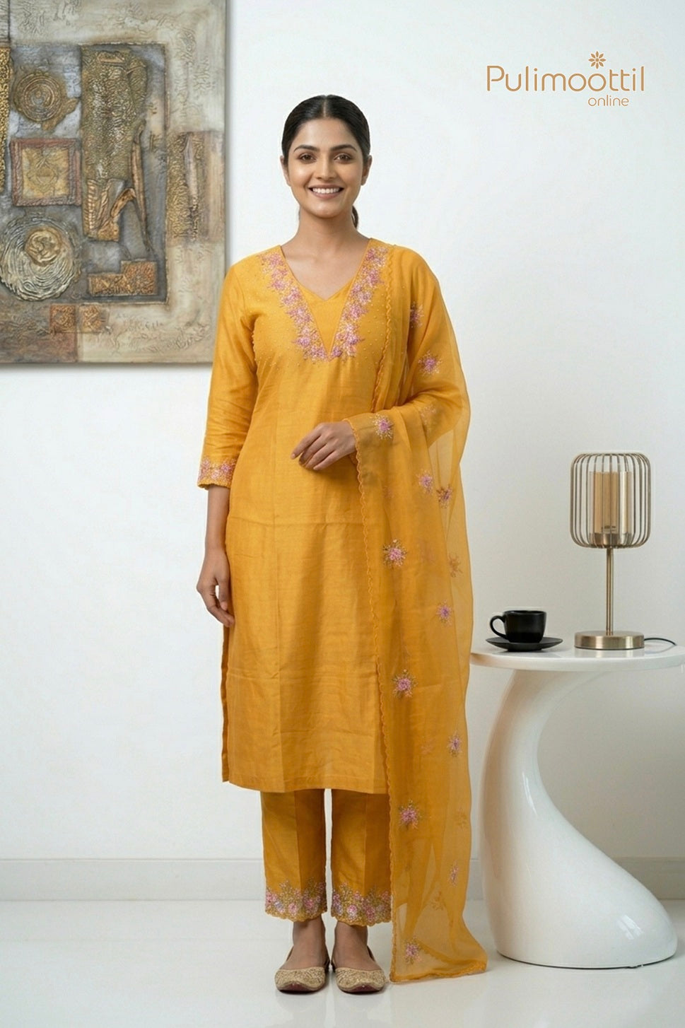 Mustard Yellow Chanderi Unstitched Salwar Set