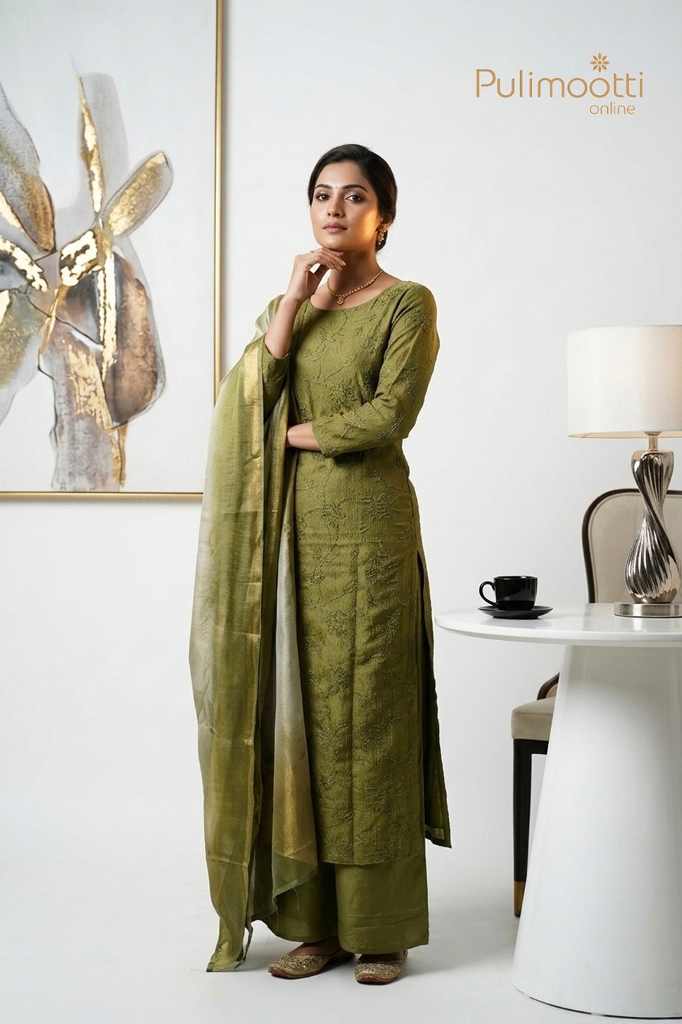 Olive Green Crushed Organza Unstitched Salwar Set