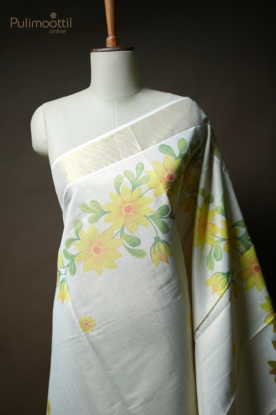 Kerala Traditional Golden Tissue Floral Printed Set Saree