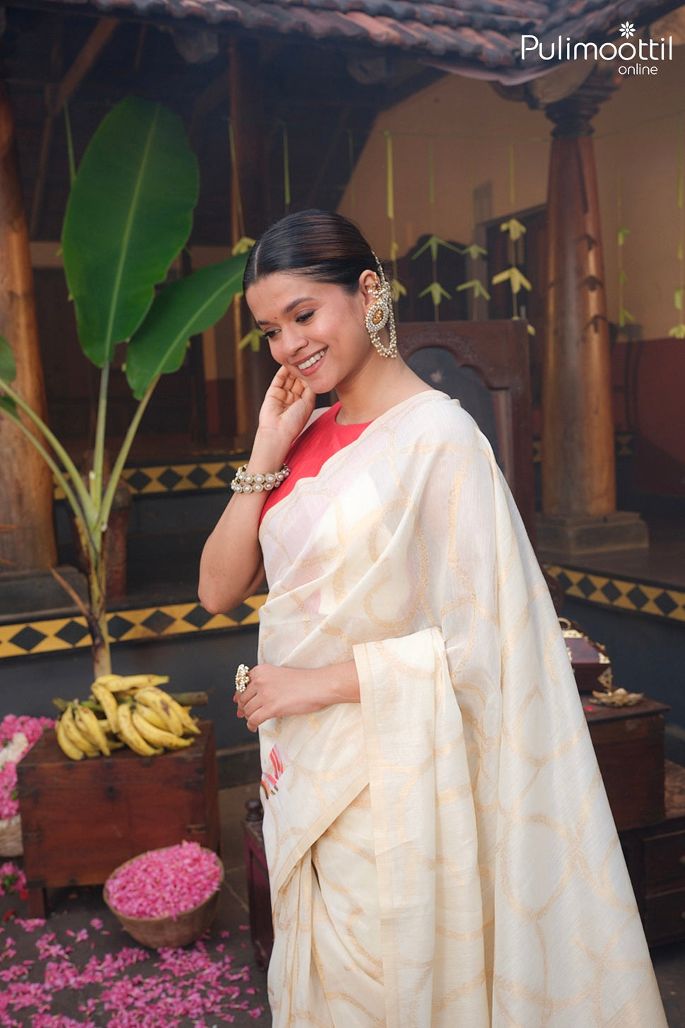 Off White Colour Semi Chanderi Traditional Saree