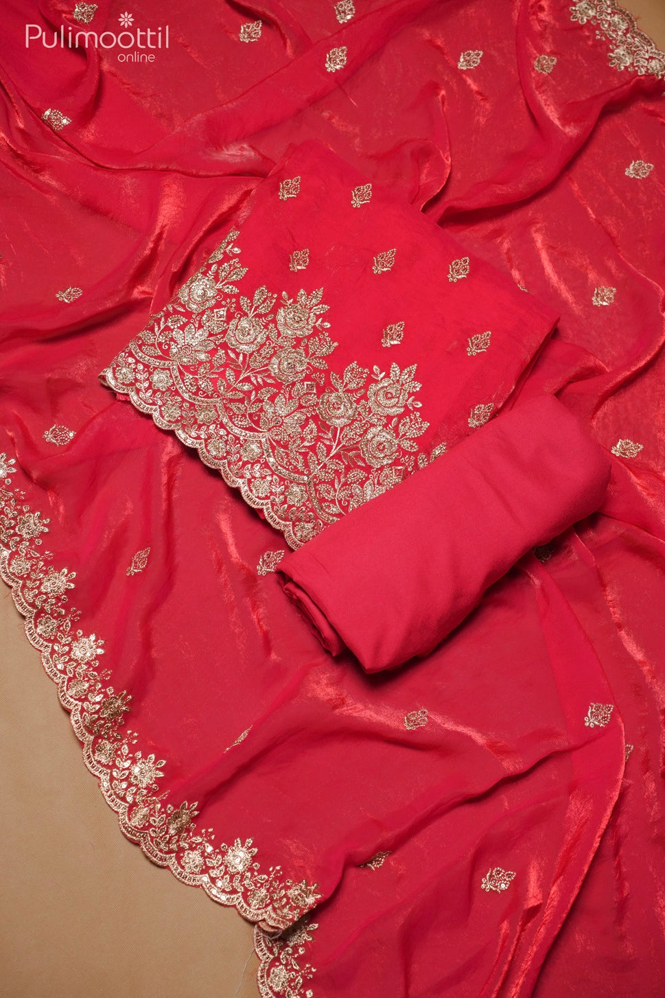 Chilli Red Velvet Organza Unstitched Salwar Set