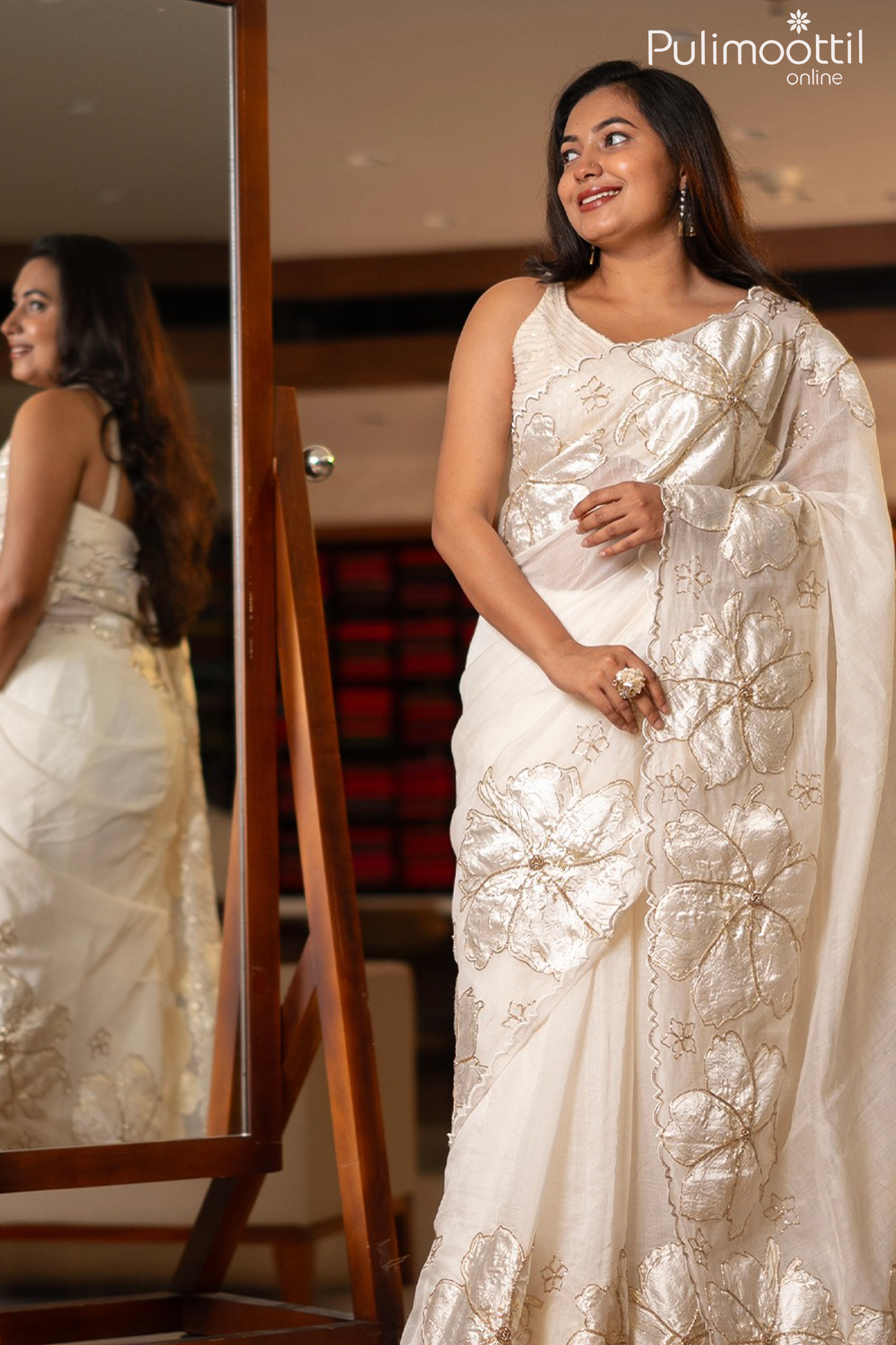 Cream color Mal Chanderi saree