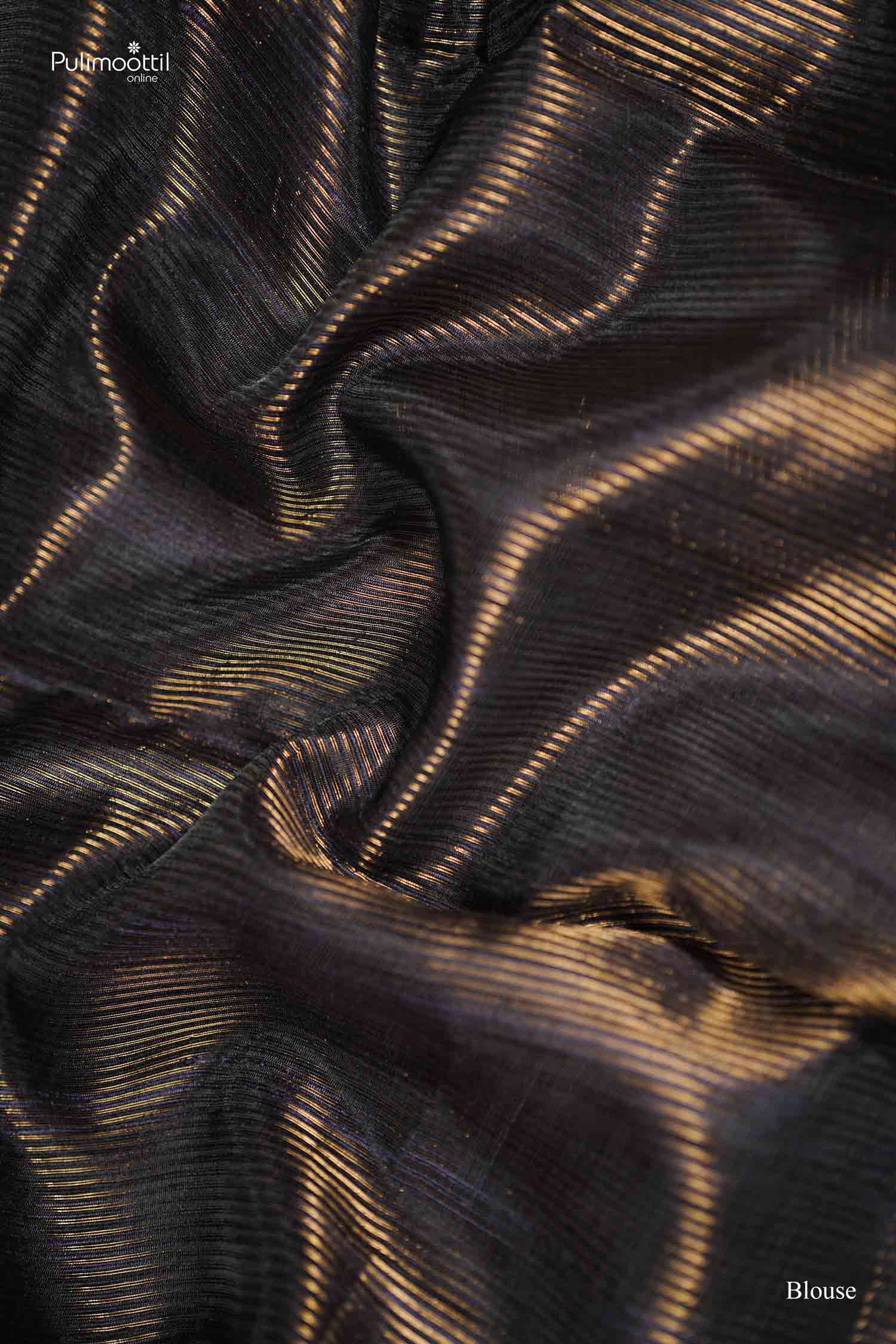 Extreme close-up of the saree's Pallu, featuring rich metallic gold horizontal stripes and fine black weave detailing