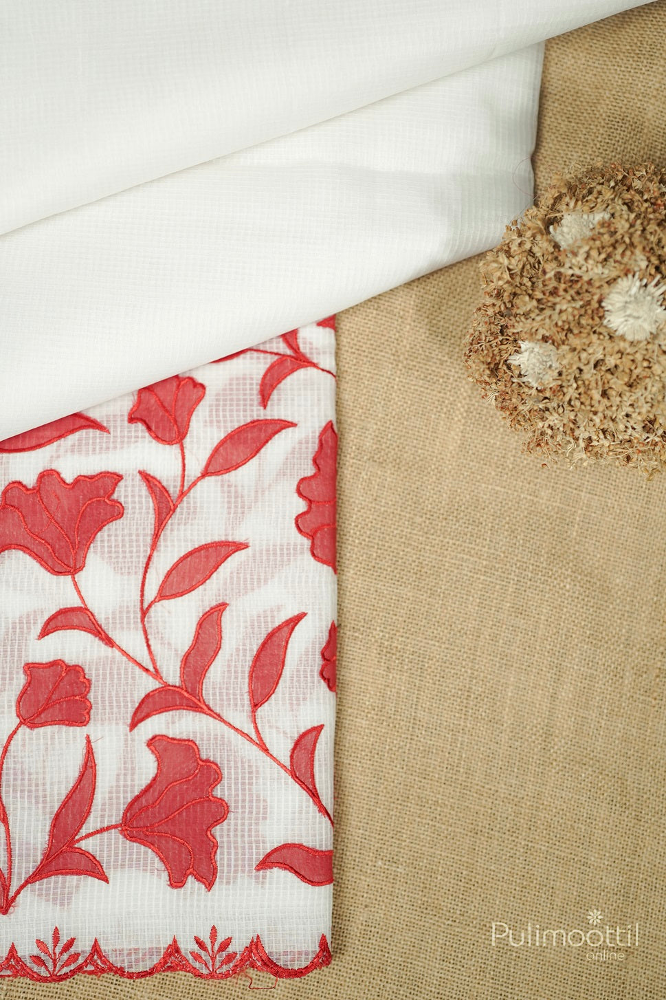 White Colour Net Cotta Appliqué Work Fancy Saree